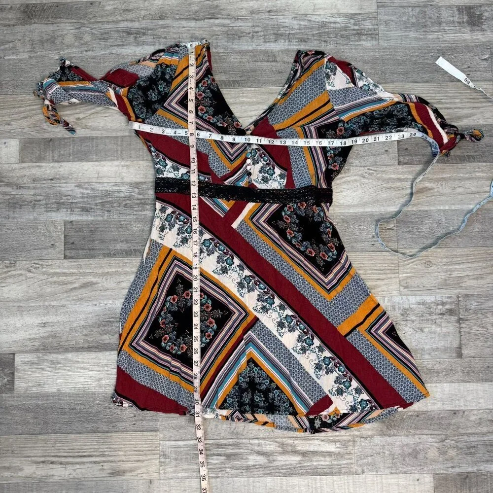 Shyanne Boho Floral Geometric V-Neck Tunic/Short Dress Shoulder Slits H6